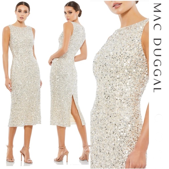Mac Duggal - Silver Nude Sleeveless Sequined Midi Sheath Dress - Picture 1 of 15
